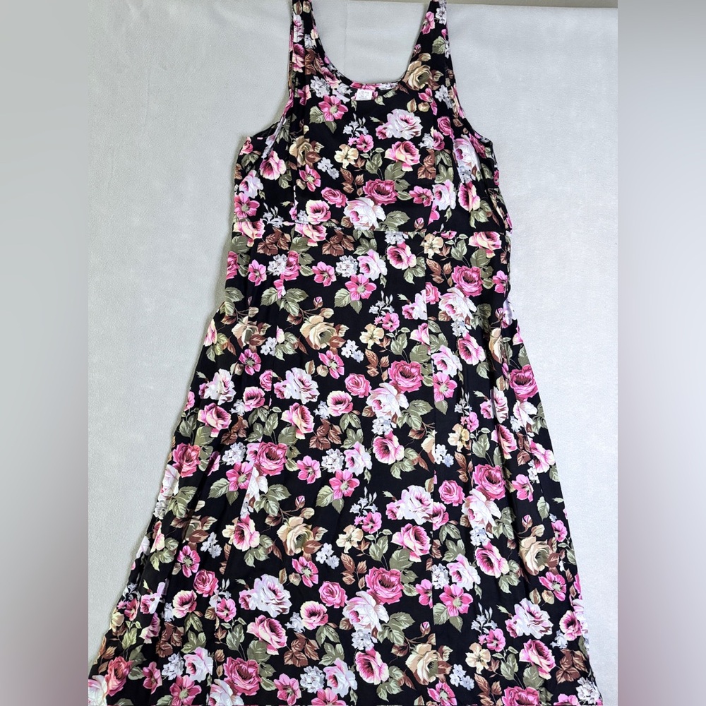 Vtg Floral Tank Maxi Dress Sz 16 Black Pink Festival 90s Retro Grunge Cottage
